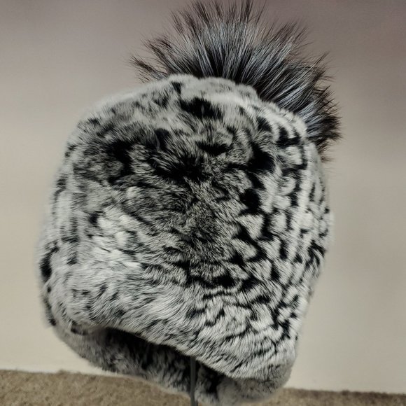 SALE Black Snow Knitted Rex Rabbit Fur Beanie with Fox Pom - Picture 2 of 2